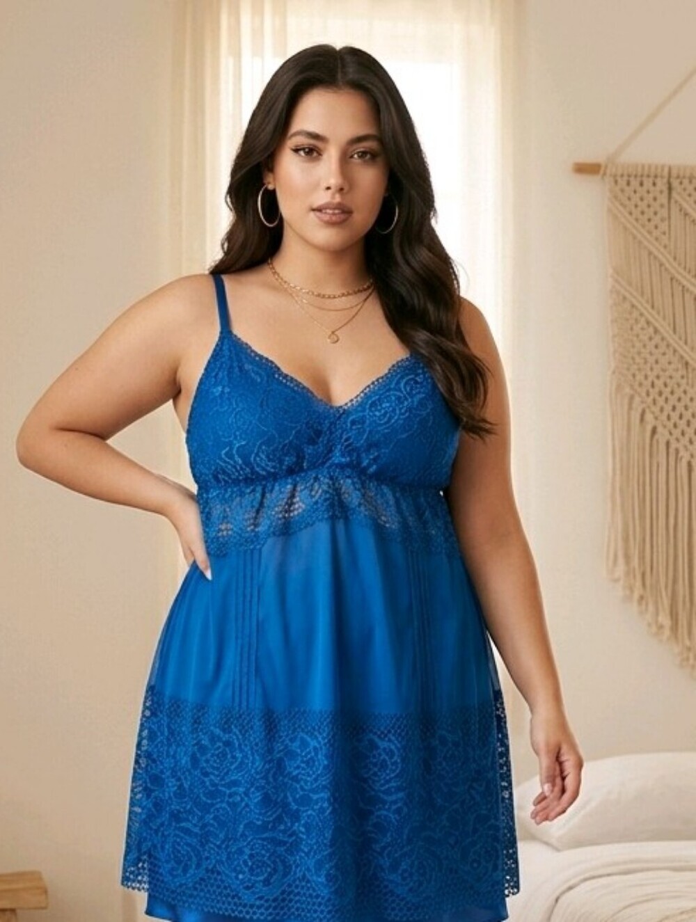 Cacique Vibrant Cobalt Blue Lace Mesh Chemise Slip Plus Size 1X Lingerie Sultry